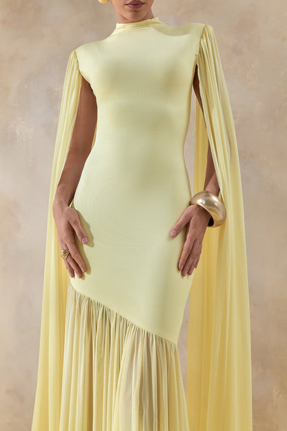 Chantelle | Vestido largo de cuello alto en amarillo limón con cintura caída y mangas tipo capa