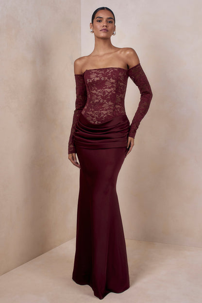 Rinna | Vestido Largo Burdeos de Encaje de Escote Bardot