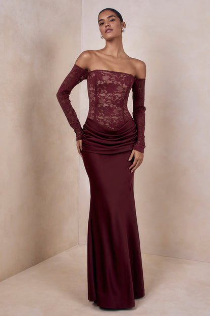 Rinna | Vestido Largo Burdeos de Encaje de Escote Bardot