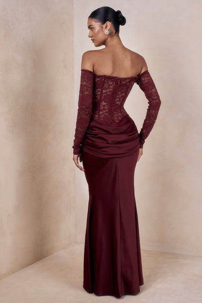 Rinna | Vestido Largo Burdeos de Encaje de Escote Bardot
