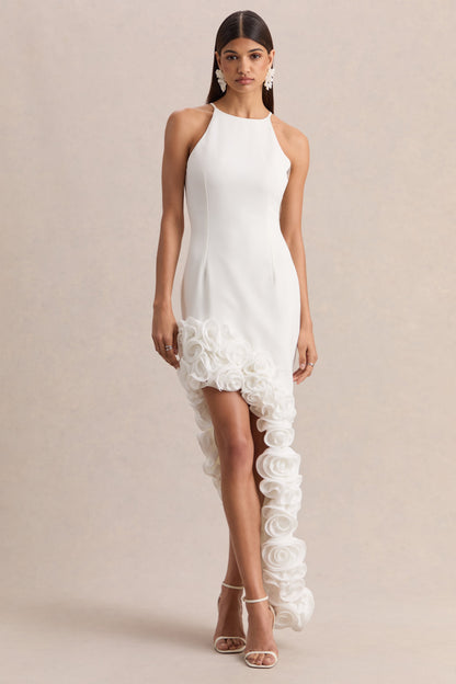 Indira | Vestido Largo Blanco Con Escote Halter Y Dobladillo Floral Asimétrico