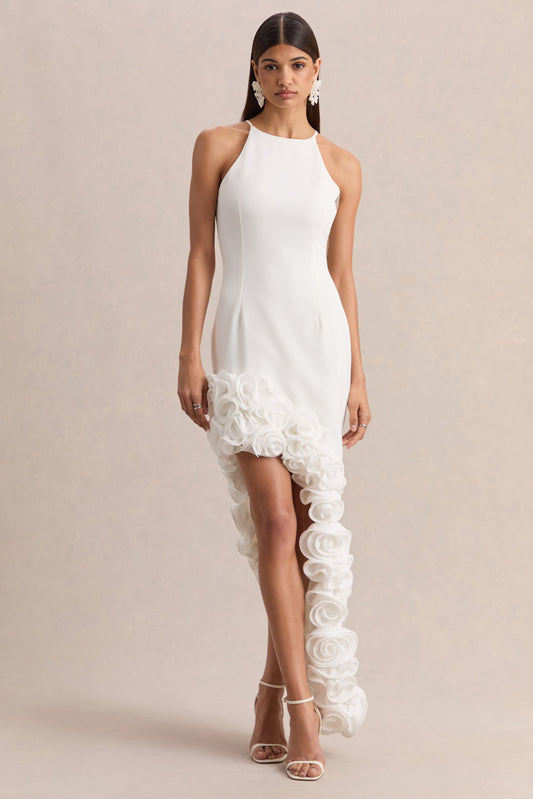 Indira | Vestido Largo Blanco Con Escote Halter Y Dobladillo Floral Asimétrico