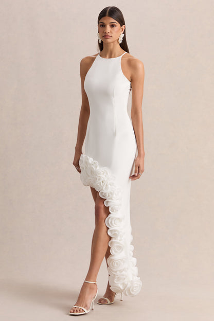 Indira | Vestido Largo Blanco Con Escote Halter Y Dobladillo Floral Asimétrico