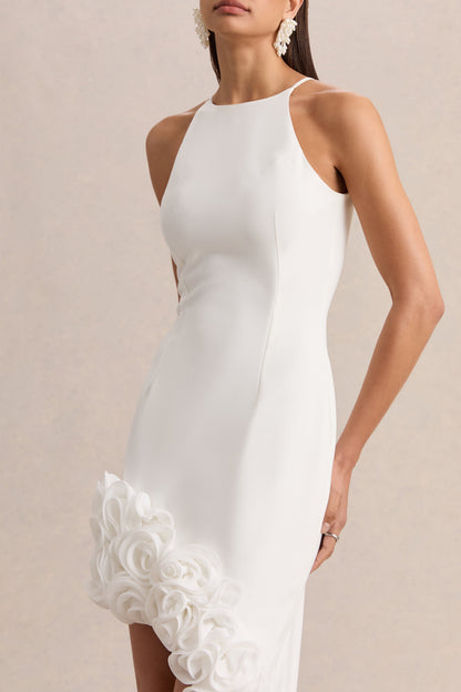 Indira | Vestido Largo Blanco Con Escote Halter Y Dobladillo Floral Asimétrico