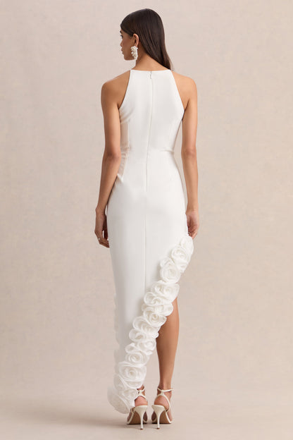 Indira | Vestido Largo Blanco Con Escote Halter Y Dobladillo Floral Asimétrico