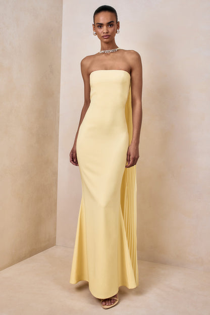 Avery | Vestido largo limón con escote bandeau y bufanda con adornos