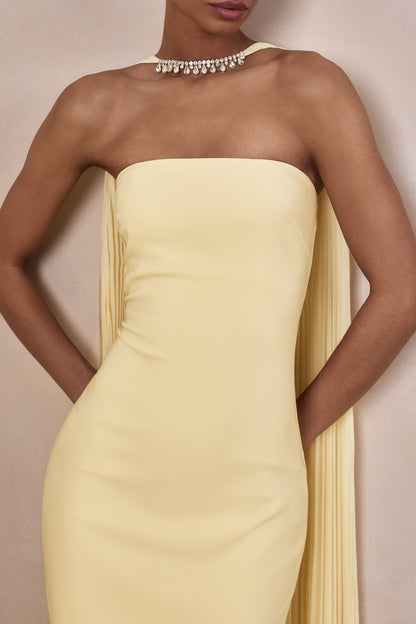 Avery | Vestido largo limón con escote bandeau y bufanda con adornos