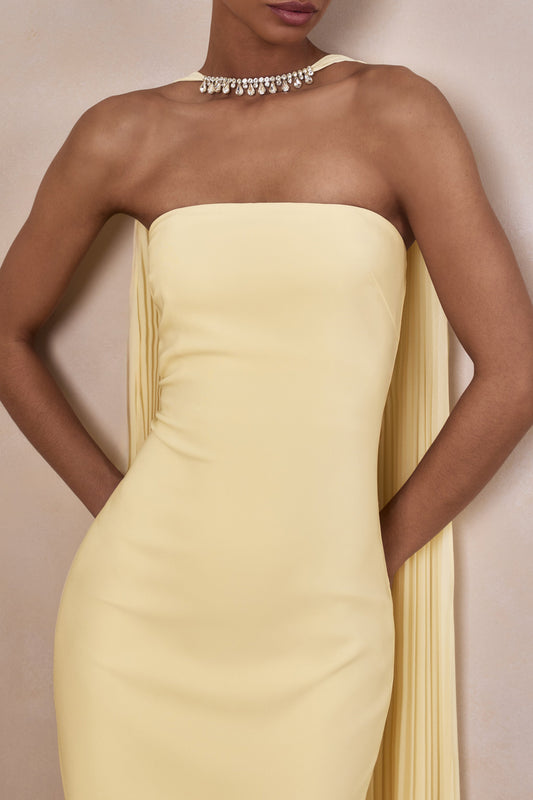 Avery | Vestido largo limón con escote bandeau y bufanda con adornos