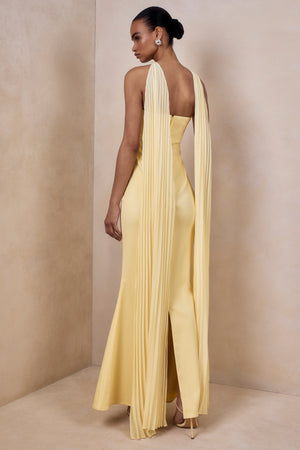 Avery | Vestido largo limón con escote bandeau y bufanda con adornos
