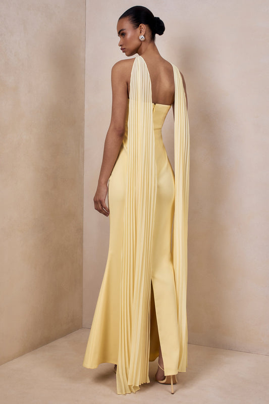 Avery | Vestido largo limón con escote bandeau y bufanda con adornos