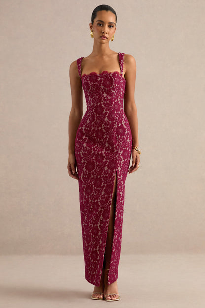 Zarisse | Vestido largo de encaje burdeos con escote cuadrado