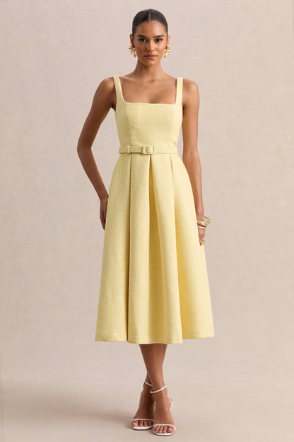 Camoria | Vestido Midi Amarillo Limón De Bouclé Con Escote Cuadrado Y Cinturón