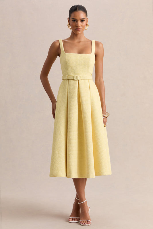 Camoria | Vestido Midi Amarillo Limón De Bouclé Con Escote Cuadrado Y Cinturón