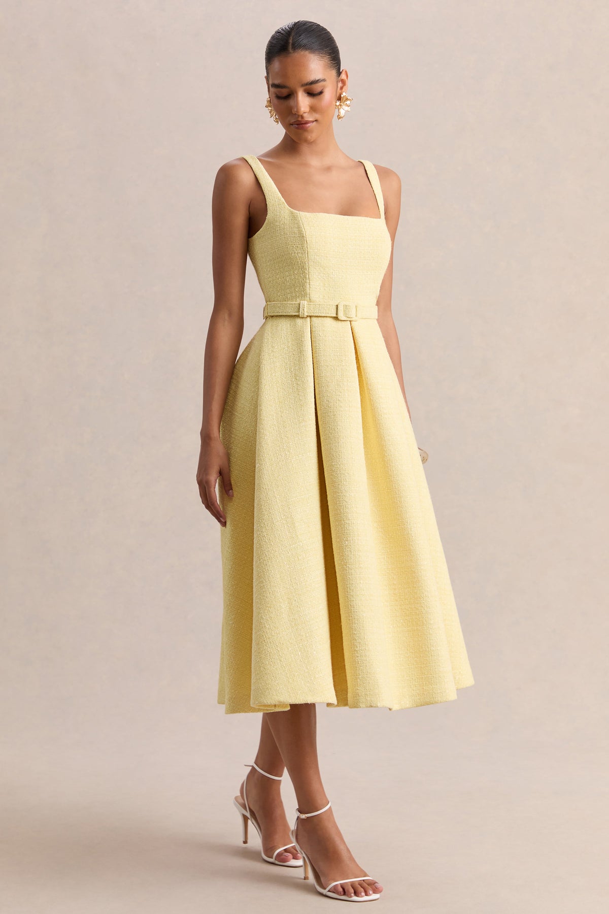 Camoria | Vestido Midi Amarillo Limón De Bouclé Con Escote Cuadrado Y Cinturón