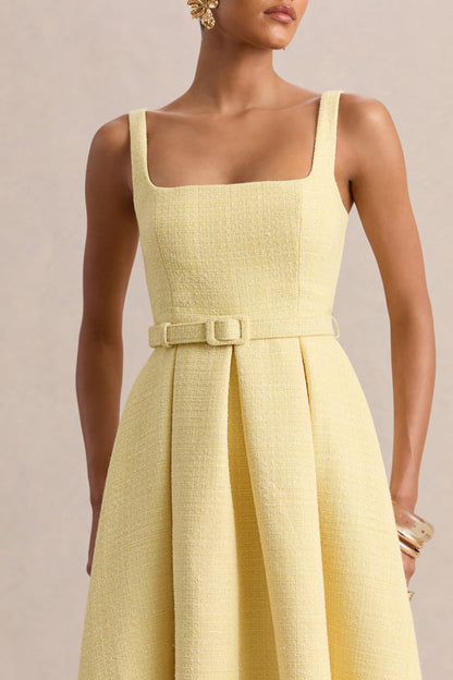 Camoria | Vestido Midi Amarillo Limón De Bouclé Con Escote Cuadrado Y Cinturón