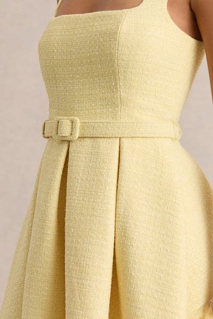 Camoria | Vestido Midi Amarillo Limón De Bouclé Con Escote Cuadrado Y Cinturón