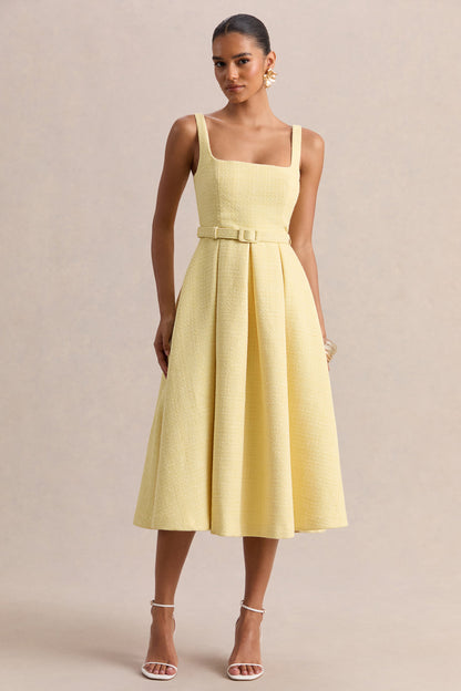 Camoria | Vestido Midi Amarillo Limón De Bouclé Con Escote Cuadrado Y Cinturón