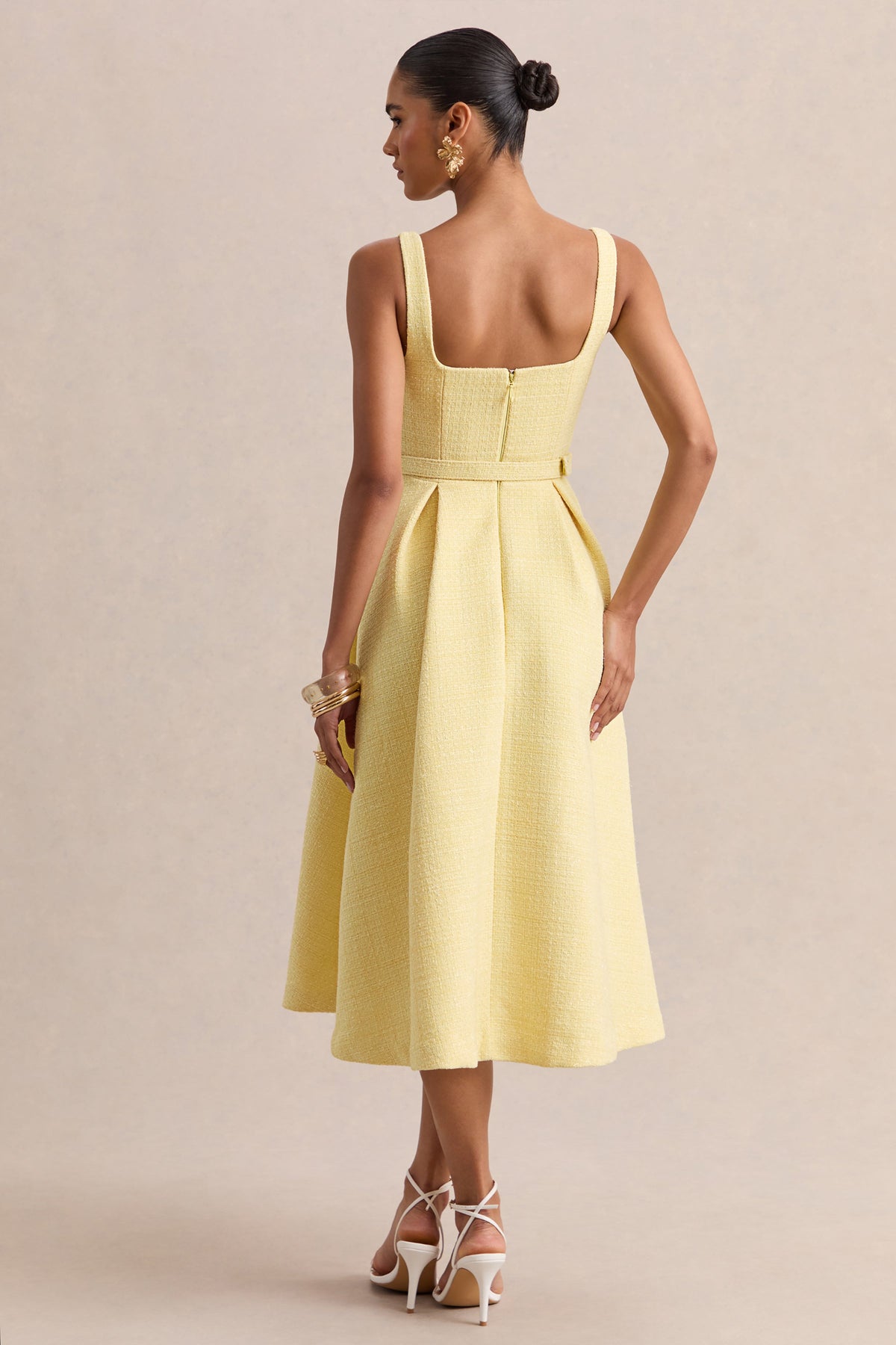 Camoria | Vestido Midi Amarillo Limón De Bouclé Con Escote Cuadrado Y Cinturón