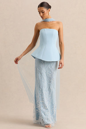 Lorna | Vestido Largo bandeau azul empolvado con pañuelo