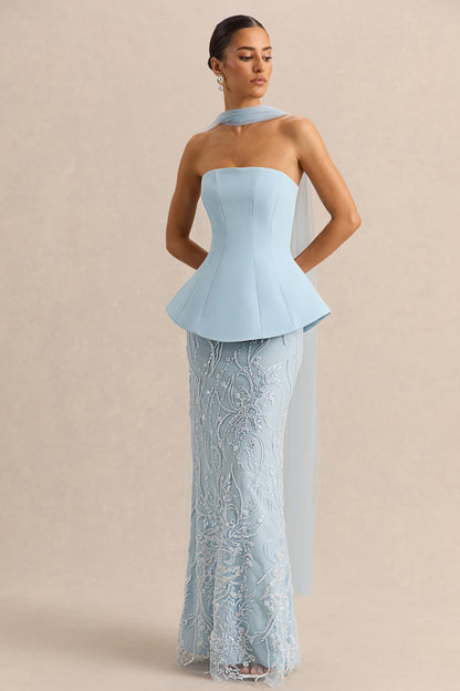 Lorna | Vestido Largo bandeau azul empolvado con pañuelo