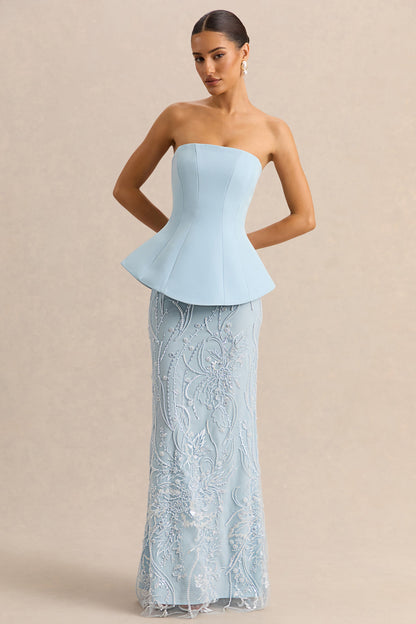 Lorna | Vestido Largo bandeau azul empolvado con pañuelo