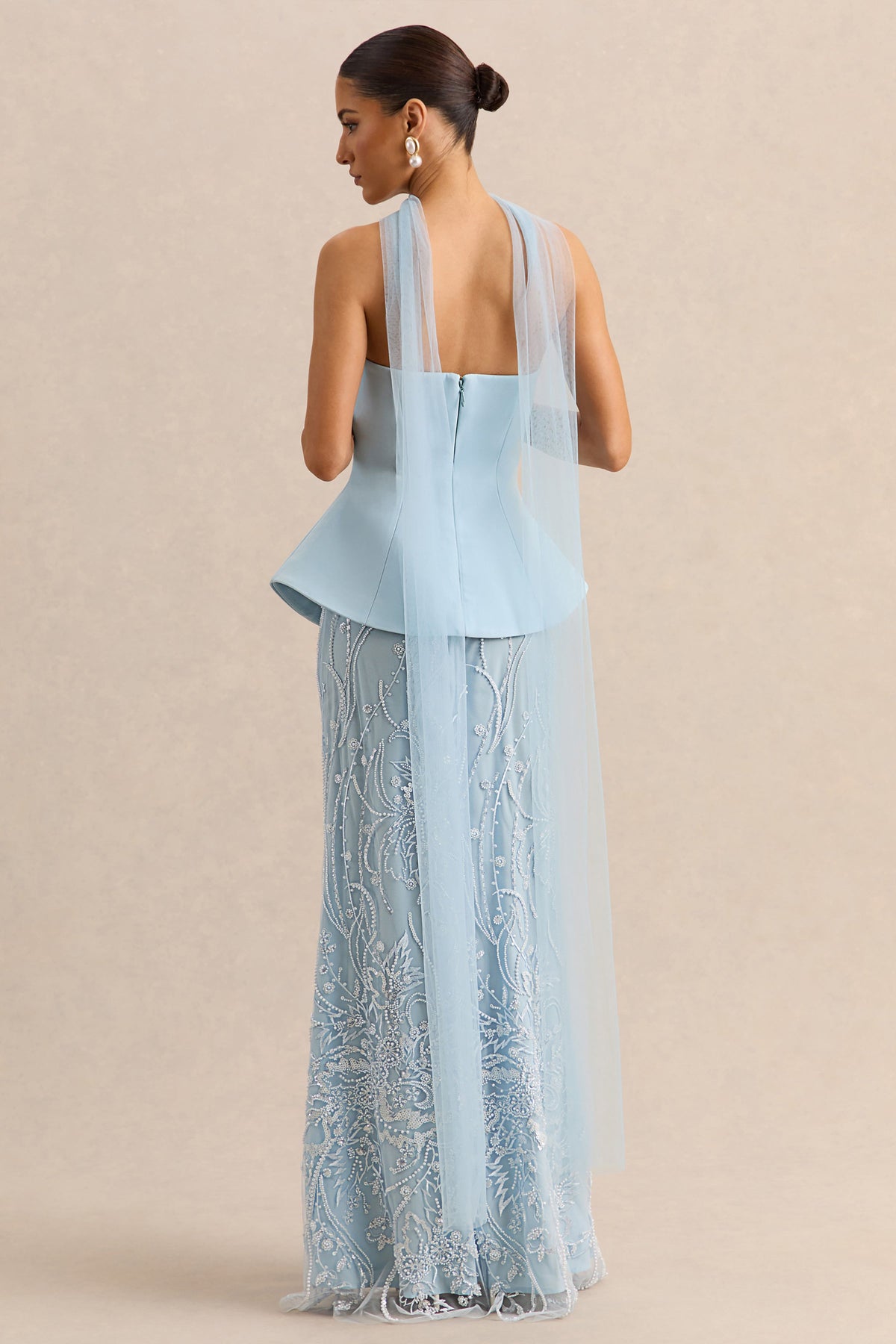 Lorna | Vestido Largo bandeau azul empolvado con pañuelo