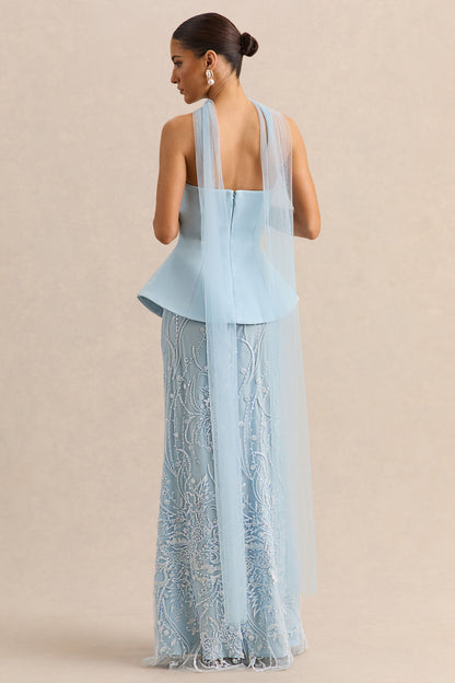 Lorna | Vestido Largo bandeau azul empolvado con pañuelo