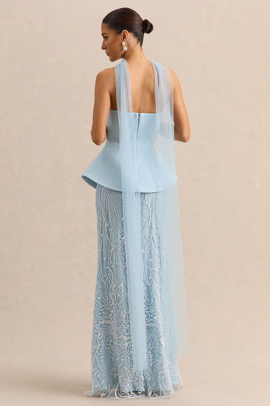 Lorna | Vestido Largo bandeau azul empolvado con pañuelo