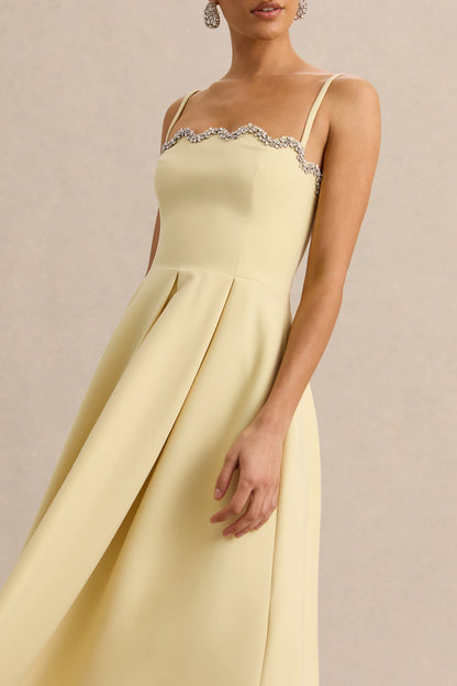 Evoria | Vestido Midi Limón de Escote Cuadrado Festoneado
