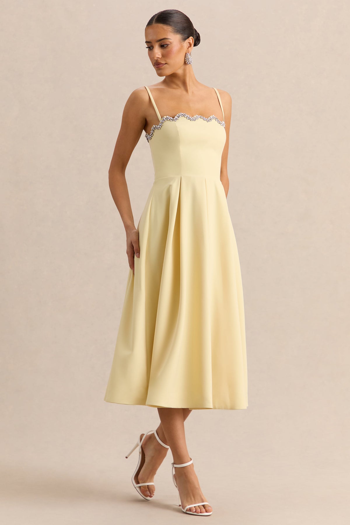 Evoria | Vestido Midi Limón de Escote Cuadrado Festoneado