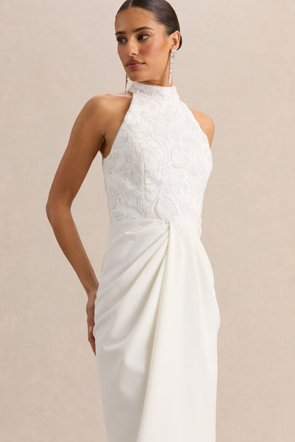 Charlotte | Vestido Largo Blanco Con Escote Halter Y Detalle Fruncido