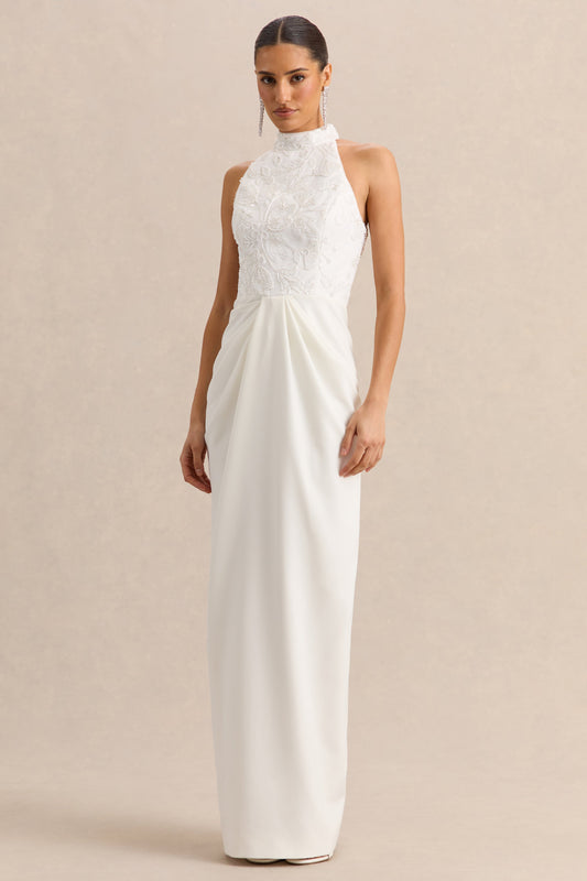 Charlotte | Vestido Largo Blanco Con Escote Halter Y Detalle Fruncido