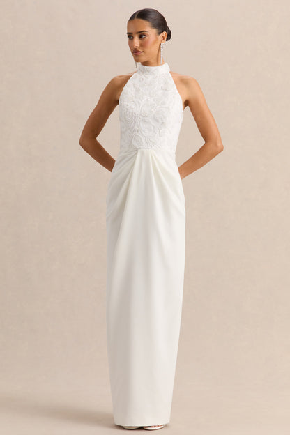 Charlotte | Vestido Largo Blanco Con Escote Halter Y Detalle Fruncido