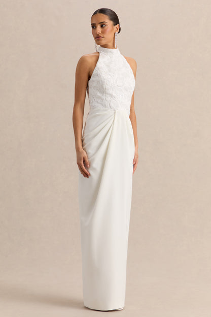 Charlotte | Vestido Largo Blanco Con Escote Halter Y Detalle Fruncido