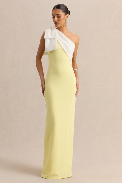 Adara | Vestido largo de escote asimétrico en color limón y blanco con detalle de lazo
