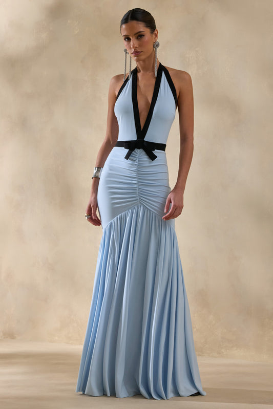 Cosmina | Azul Celeste Escote Pronunciado Vestido Largo con Detalle de Lazo