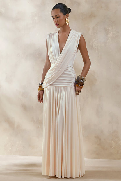 Glorina | Crema Escote Pronunciado Vestido Largo con Detalle Drapeado