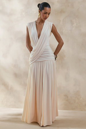 Glorina | Crema Escote Pronunciado Vestido Largo con Detalle Drapeado