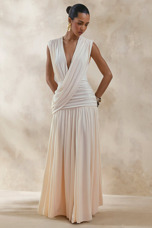 Glorina | Crema Escote Pronunciado Vestido Largo con Detalle Drapeado