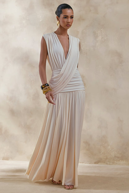 Glorina | Crema Escote Pronunciado Vestido Largo con Detalle Drapeado