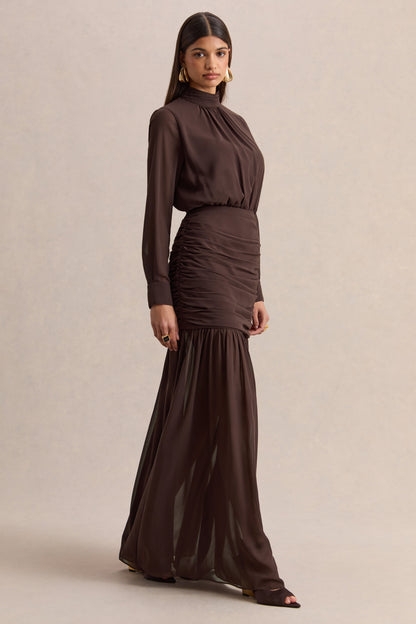 Zella | Vestido Largo Marrón Con Cuello Alto Y Falda Translúcida
