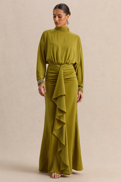 Perla | Vestido Largo Oliva Con Escote Alto Y Detalle Fruncido