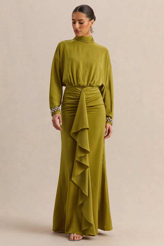 Perla | Vestido Largo Oliva Con Escote Alto Y Detalle Fruncido