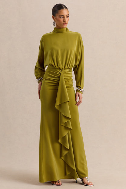 Perla | Vestido Largo Oliva Con Escote Alto Y Detalle Fruncido