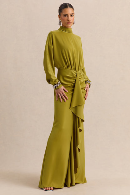 Perla | Vestido Largo Oliva Con Escote Alto Y Detalle Fruncido