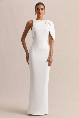 Quira | Vestido Largo Blanco Con Escote Asimétrico Y Manga Capa