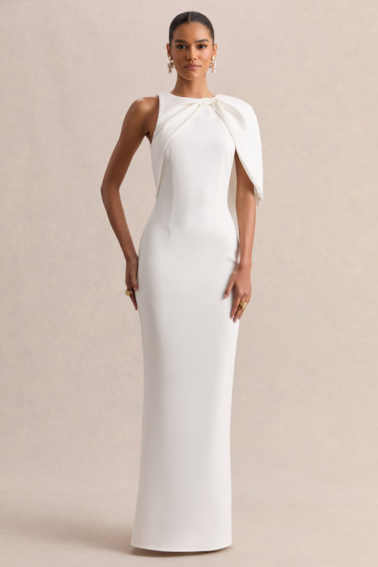 Quira | Vestido Largo Blanco Con Escote Asimétrico Y Manga Capa