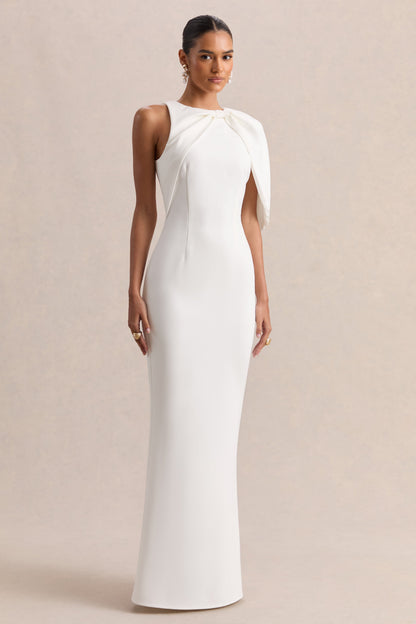 Quira | Vestido Largo Blanco Con Escote Asimétrico Y Manga Capa