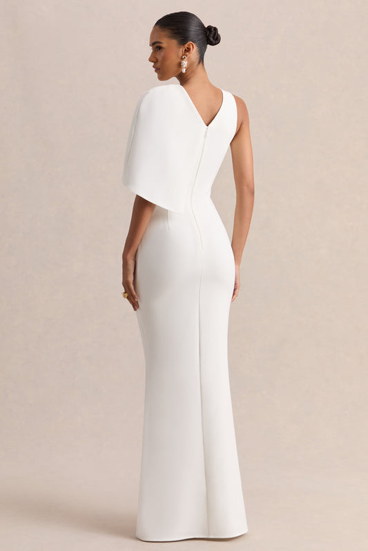 Quira | Vestido Largo Blanco Con Escote Asimétrico Y Manga Capa