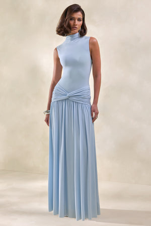 Glimora | Vestido Largo Azul celeste de Cuello Alto con Detalle Fruncido
